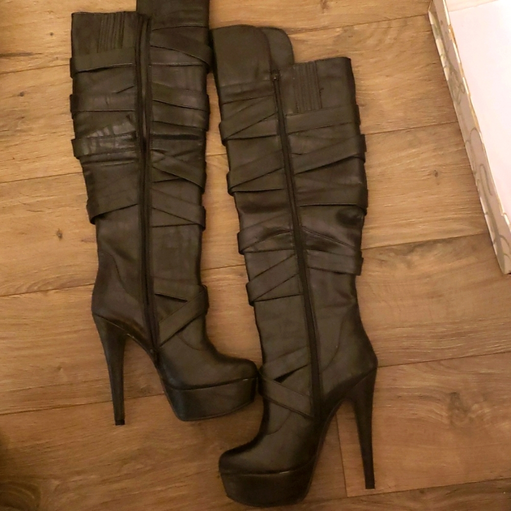 Black Over the Knee Leather Stiletto Boot